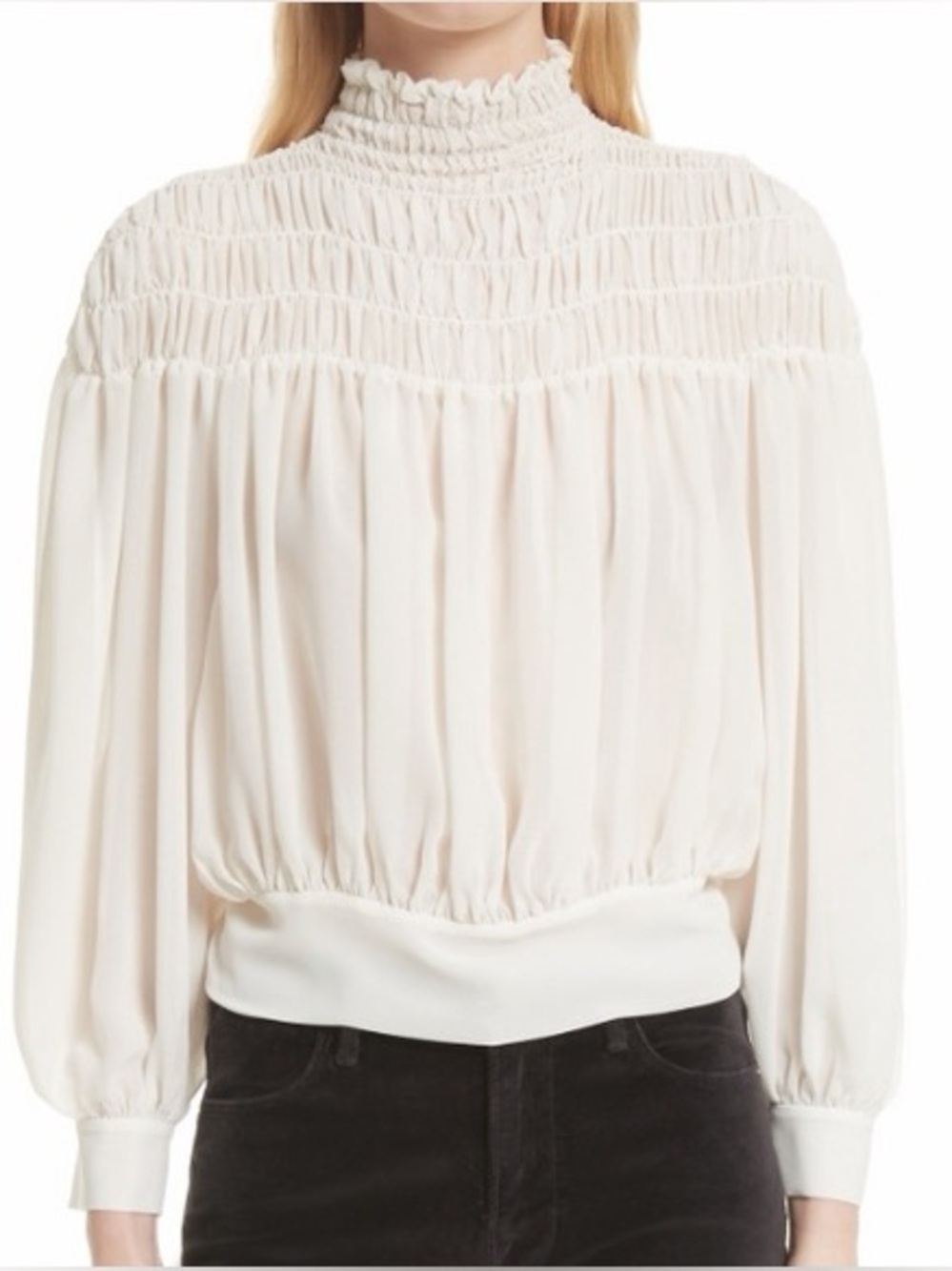 Frame Denim Smocked High-Neck Long Sleeve White Blouse - Picture 5 of 6